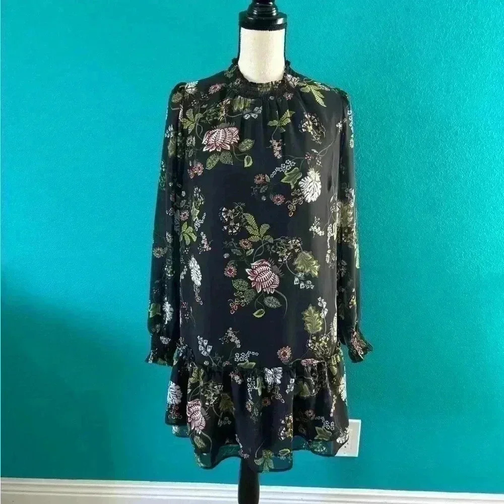 Ann Taylor loft high neck floral black dress with sheer sleeves in size xs